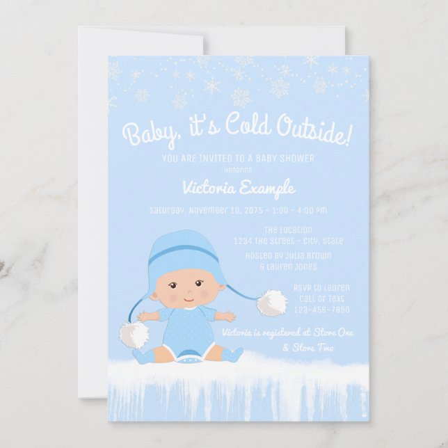 Boys Baby sitt Kall utanför Blue Winter Baby Showe Inbjudningar (Framsida)