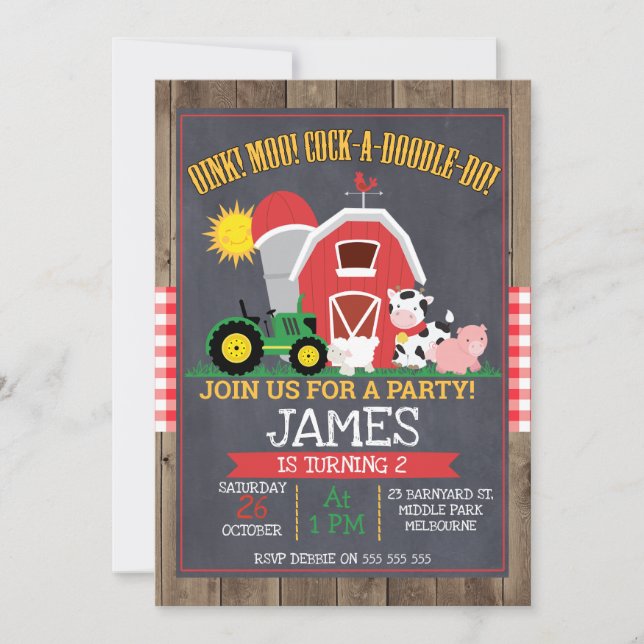Boys Barnyard Chalkboard Birthday-inbjudan Inbjudningar (Framsida)