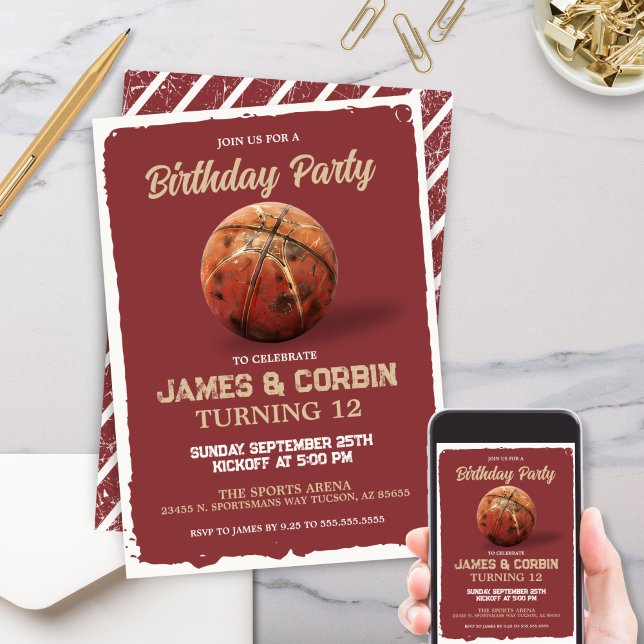 Boys Basketball Red Theme Dubbla Födelsedagsfest Inbjudningar (Red Birthday party invitation for twins double party invites for two with basketball theme)