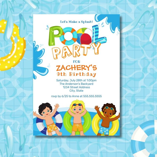 Boys Bassäng Party 9:e födelsedagsinbjudan Inbjudningar (Skapare uppladdad)
