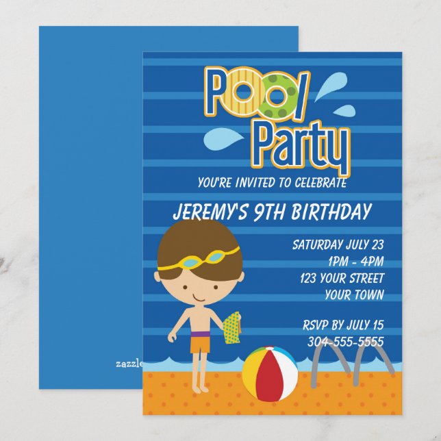 Boys Bassäng Party födelsedagen Inbjudningar (Fram/baksida)