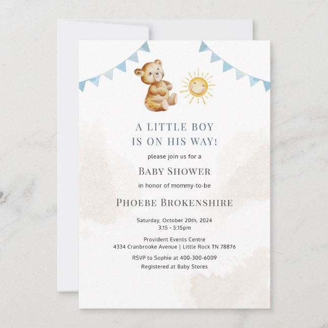 Boys Bear and Sunshine Watercolor Baby Shower Inbjudningar (Framsida)
