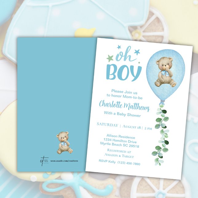 Boys Bear Blue Balloon Eucalyptus Baby Shower Inbjudningar (Skapare uppladdad)