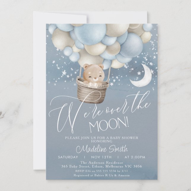 Boys Bear Luftballong över Måne Baby Shower Inbjudningar (Framsida)