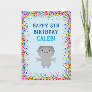 Boys Birthday Cute Blue Robot Colorful Confetti Kort