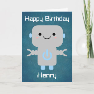Boys Birthday Cute Tecknad Robot Blue Kort