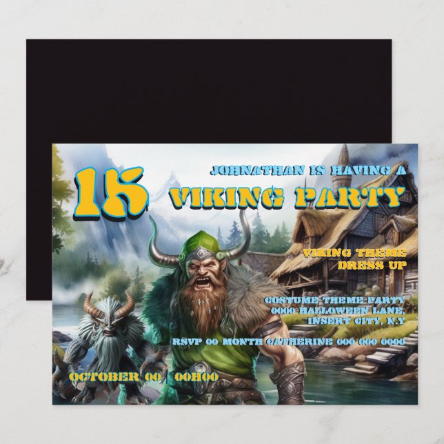 Boys Birthday Invitation 8–16 | Viking Warrior  Inbjudningar (Fram/baksida)