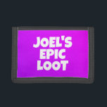 Boys Birthday Namn Epic Loot Gamer Lila Text<br><div class="desc">En annan coola-spelplånbok från JessicaAmber. Visa att du har har med lite coola med den här levande speldesignen. Roligt vit text på en pulserande lila bakgrund. Du kan anpassa texten! Underbar födelsedagspresent till spelarbarn som gillar "battkungor". Skapat den 30 mars 2023. Om du vill ha mer videospelsdesign kan du besöka...</div>