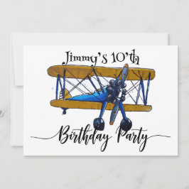 Boys birthday party with yellow and blue biplane inbjudningar