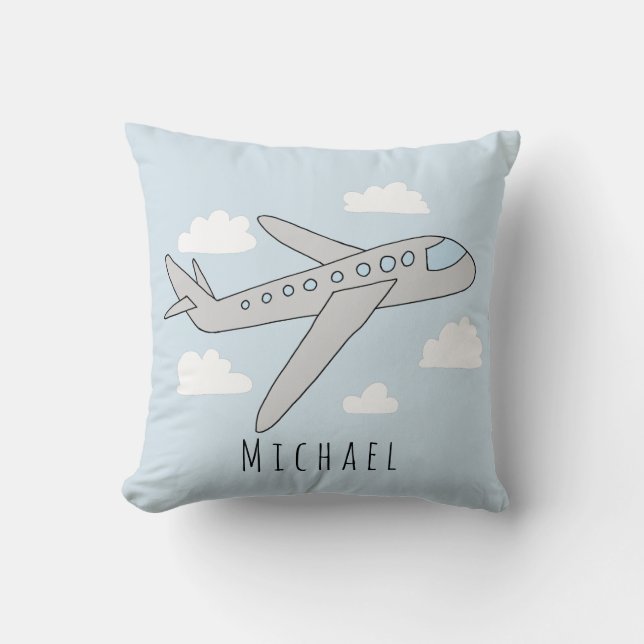 Boys Blue Airplane Travel Design och Namn Nursery Kudde (Framsida)