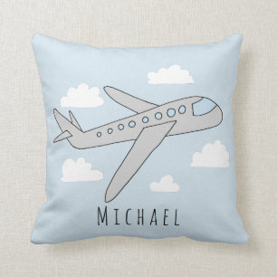 Boys Blue Airplane Travel Design och Namn Nursery Kudde