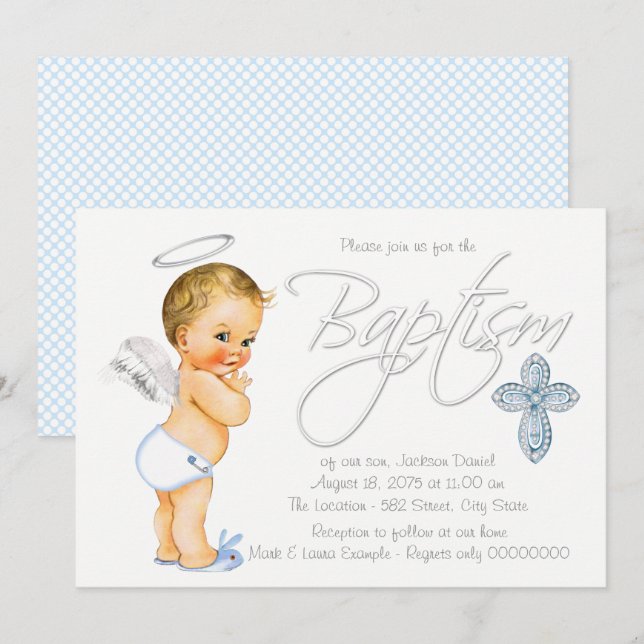 Boys Blue Angel Baptism Inbjudningar (Fram/baksida)