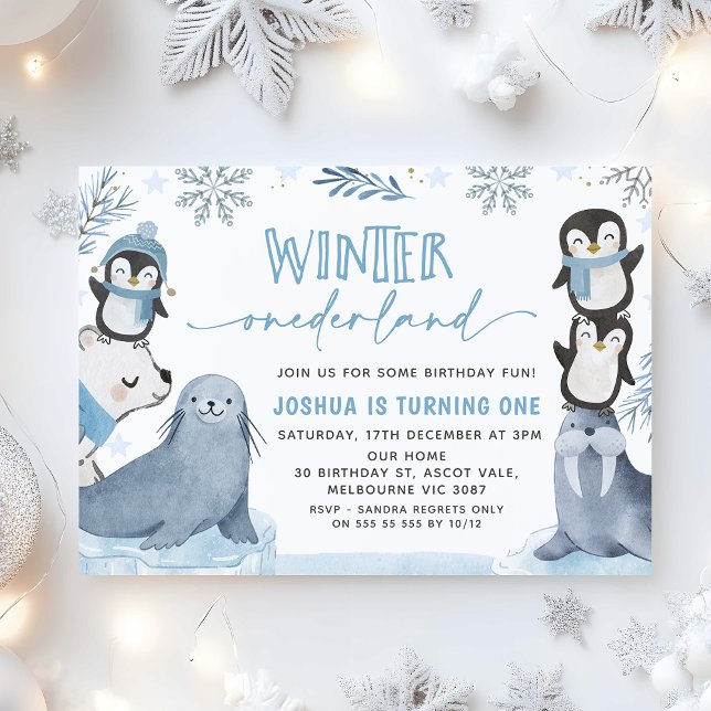 Boys Blue Arktis Winter Onederland 1:a födelsedag Inbjudningar (eWinter Onederland 1st Birthday Invitation Boy, Arctic Animals 1st Birthday Invitation Boy Blue)
