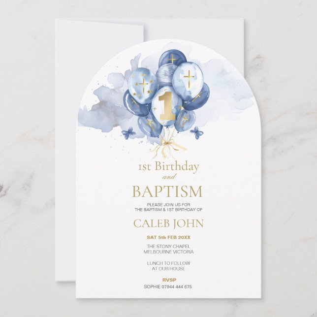 Boys Blue Baptism och 1:a födelsedagsbjudande Inbjudningar (Framsida)
