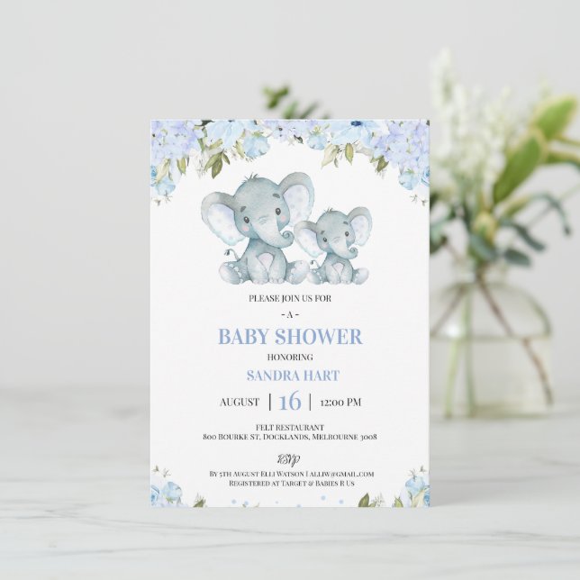 Boys blue Blommigt Elephand and Calf Baby Shower Inbjudningar (Stående Fram)