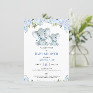 Boys blue Blommigt Elephand and Calf Baby Shower Inbjudningar
