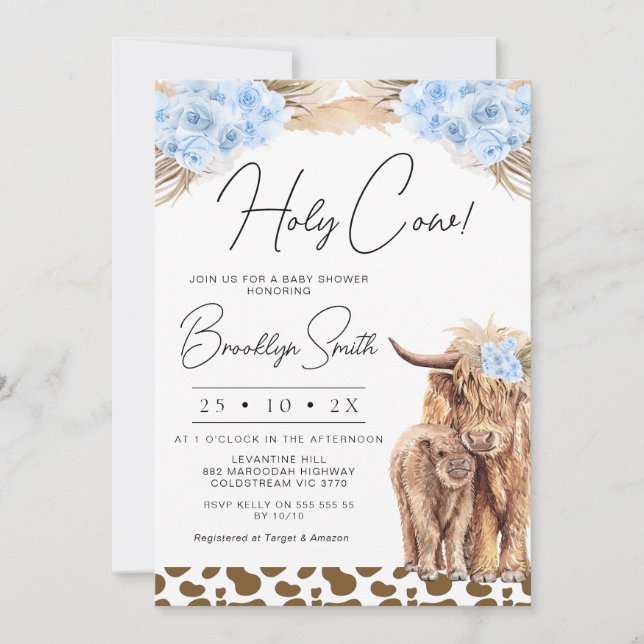 Boys Blue Blommigt Highland Cow Baby Shower Inbjudningar (Framsida)