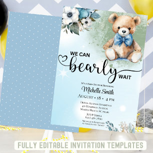 Boys Blue Blommigt Nalle Baby Shower Inbjudningar