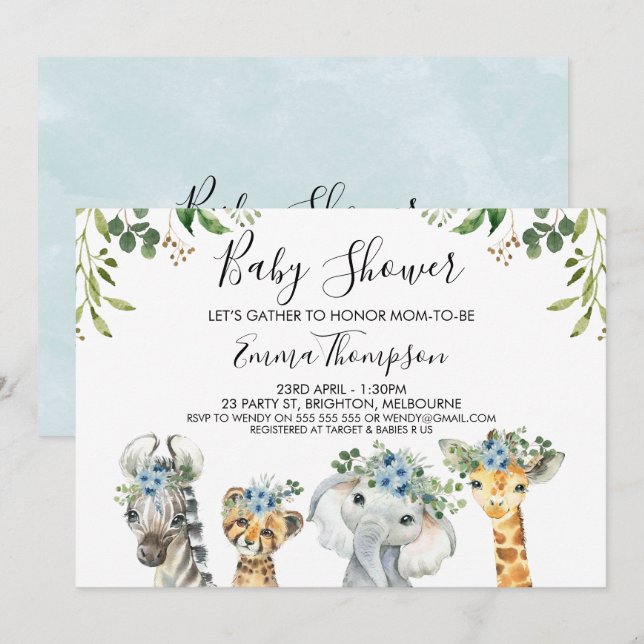 Boys Blue Blommigt Safari Animals Baby Shower Inbjudningar (Fram/baksida)