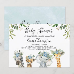 Boys Blue Blommigt Safari Animals Baby Shower Inbjudningar