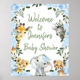 Boys Blue Blommigt Safari Baby Shower Välkommen Po Poster