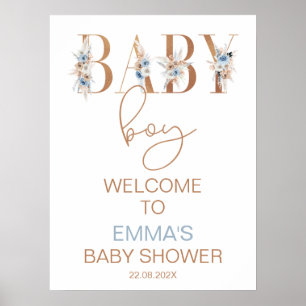 Boys Blue Boho Blommigt Ord Baby Shower Välkommen Poster