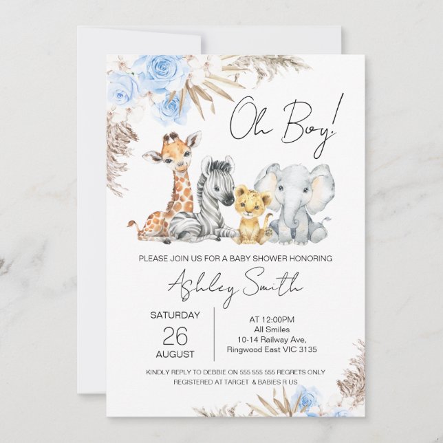 Boys Blue Boho Blommigt Safari Baby Shower Inbjudningar (Framsida)