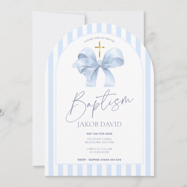 Boys Blue Bow and Rand Arch Baptism-inbjudan Inbjudningar (Framsida)