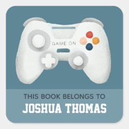 Boys Blue Gaming Kids Bookplate Bibliotek Fyrkantigt Klistermärke