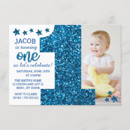 Boys Blue Glitter Photo First Birthday Inbjudningar