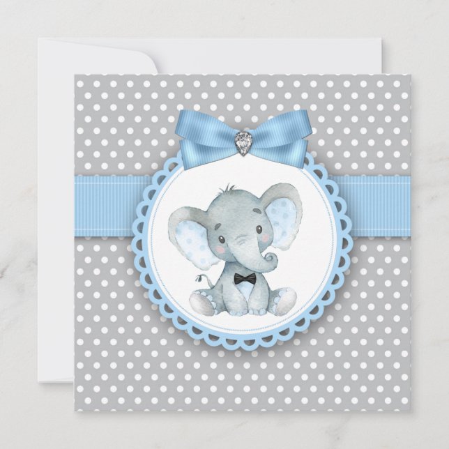 Boys Blue Grått Elephant Baby Shower-inbjudningar Inbjudningar (Framsida)