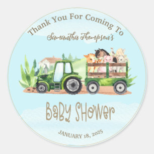 Boys Blue Grönt Boskap Tractor Baby Shower Runt Klistermärke