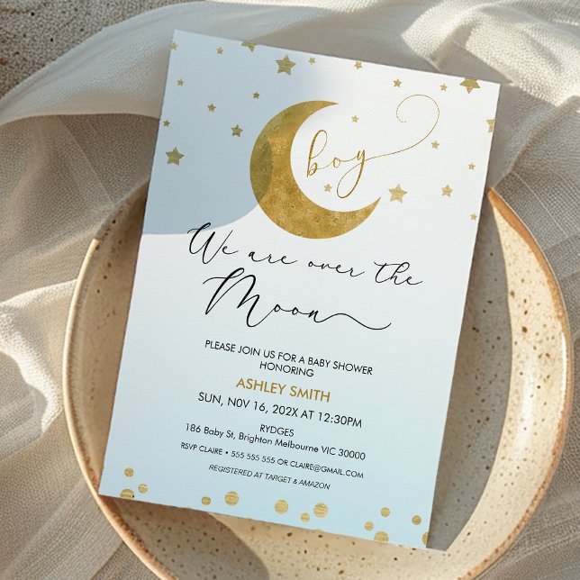 Boys Blue Guld, vi är över Måne babyskorna Inbjudningar (Boys We are Over the Moon Baby Shower Invitation Blue Gold Moon Themed Baby Shower Boy, Moon Stars)
