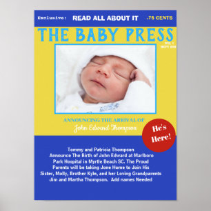 Boys Blue Gult Keepsaké Photo Birth Poster