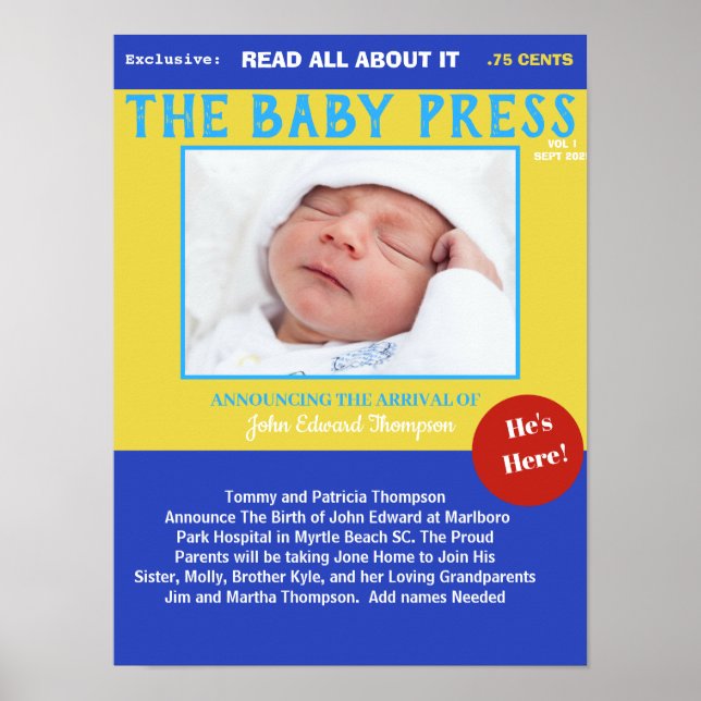 Boys Blue Gult Keepsaké Photo Birth Poster (Framsidan)