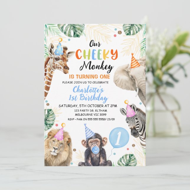 Boys Blue Hat Vår Cheeky Monkey Birthday Inbjudningar (Stående Fram)