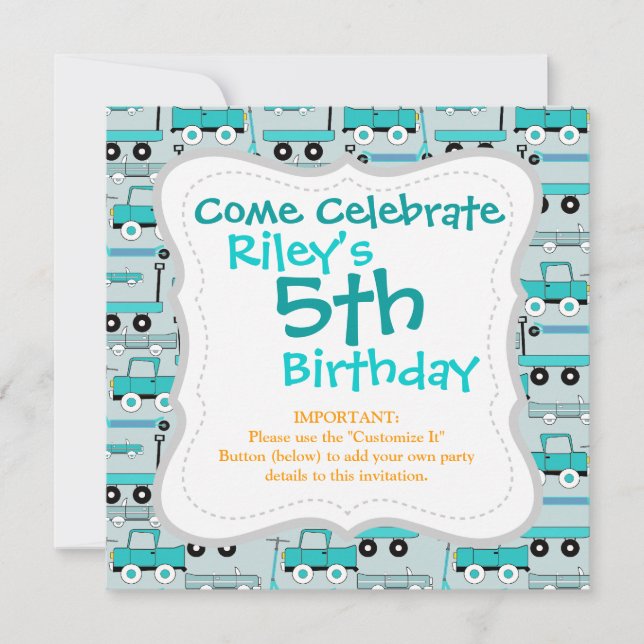 Boys Blue Hjul Retro Scooters Cars Wagons Lastbila Inbjudningar (Framsida)