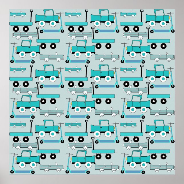 Boys Blue Hjul Retro Scooters Cars Wagons Lastbila Poster (Framsidan)