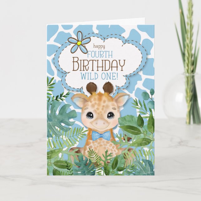 Boy's Blue Jungle Giraffe Theme 4e födelsedagen Kort (Framsida)