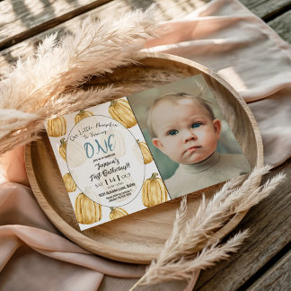 Boys Blue Little Pumpkin Fall Birthday Photo Inbjudningar