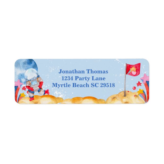 Boys Blue Outerspace Astronaut Födelsedagsfest Returadress Etikett (Framsidan)