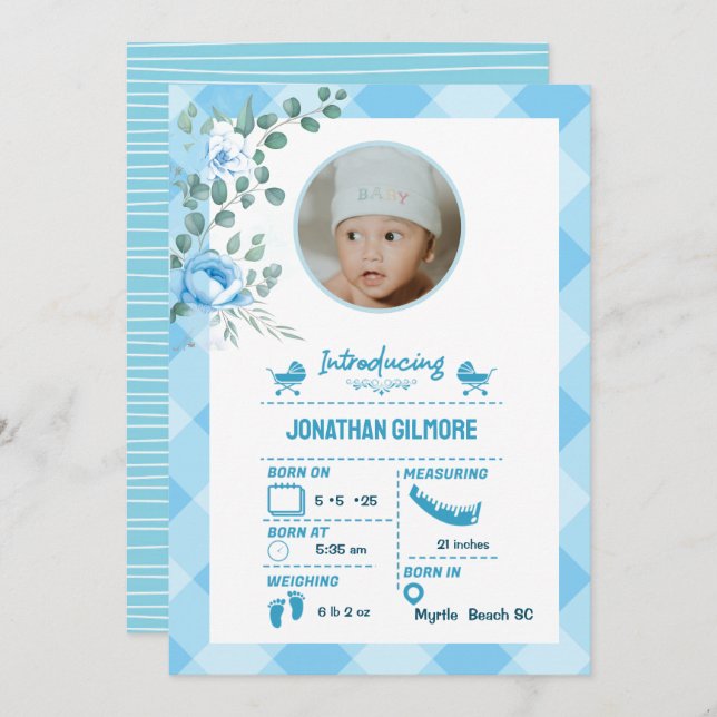 Boys Blue Photo Birth Stats Announement Inbjudningar (Fram/baksida)