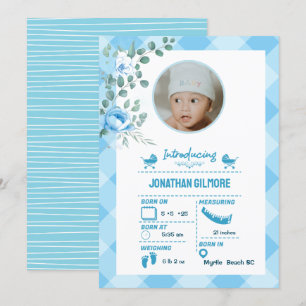 Boys Blue Photo Birth Stats Announement Inbjudningar