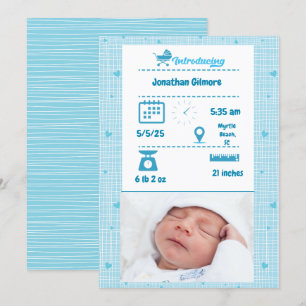 Boys Blue Photo Birth Stats Announement Inbjudningar