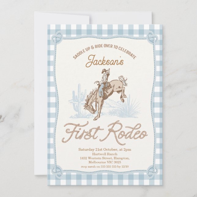 Boys Blue Play Cowboy First Rodeo 1:a födelsedagen Inbjudningar (Framsida)