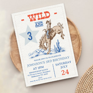 Boys Blue Red Vild and Three Rodeo 3rd Birthday Inbjudningar