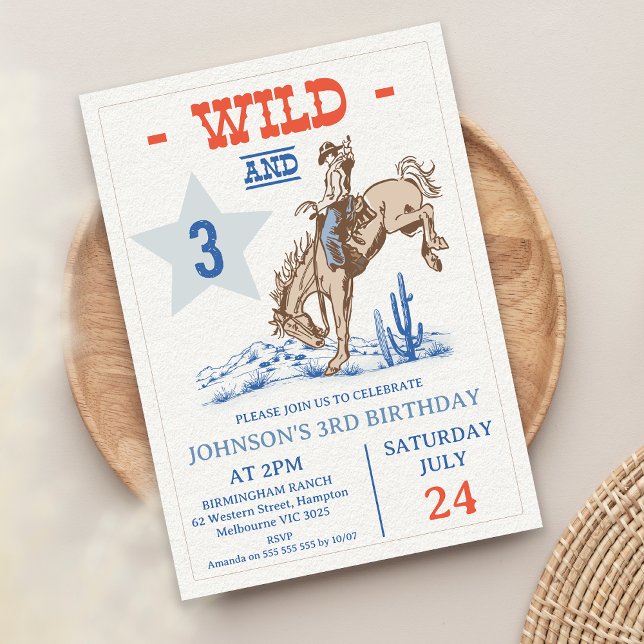 Boys Blue Red Vild and Three Rodeo 3rd Birthday Inbjudningar (Wild and Three 3rd Birthday Invitation, Rodeo 3rd Birthday Invitation, Cowboy Wild West Western)