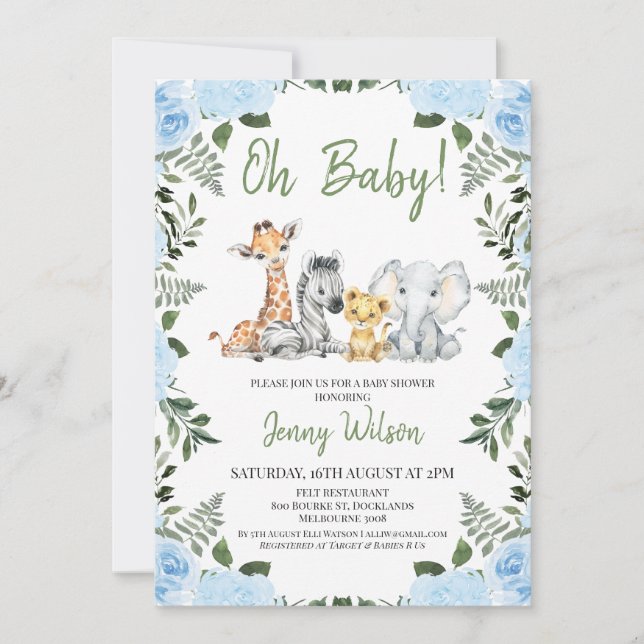 Boys Blue Ro Foliage Safari Baby Shower Inbjudningar (Framsida)