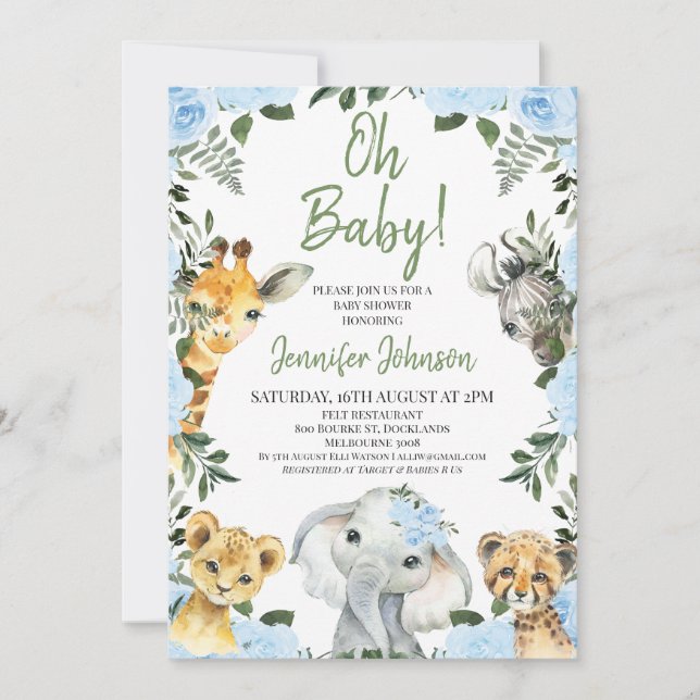 Boys Blue Ro Safari Animals Baby Shower Inbjudningar (Framsida)