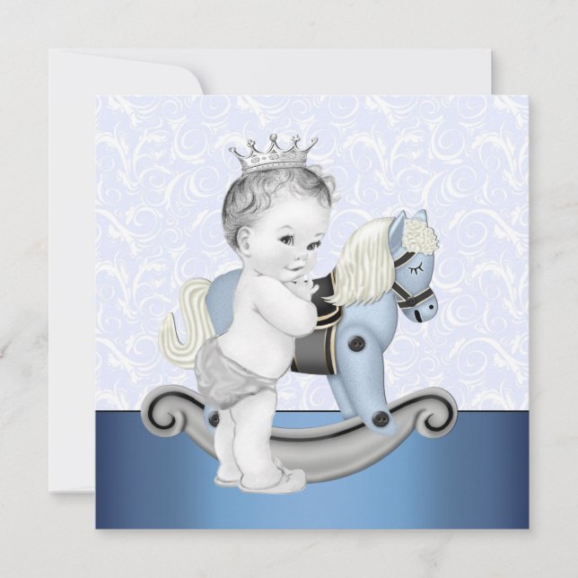 Boys Blue Rocking Horse Baby Shower Inbjudningar (Framsida)